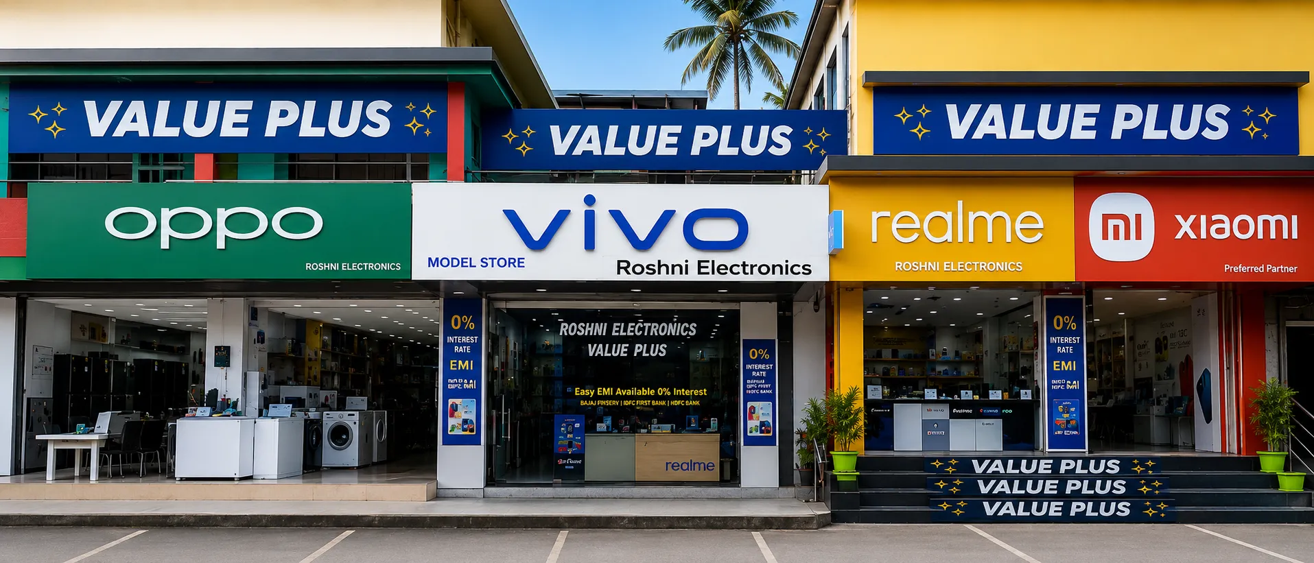 Roshni Electronics storefront exterior, with OPPO, Vivo and Realme branded sections