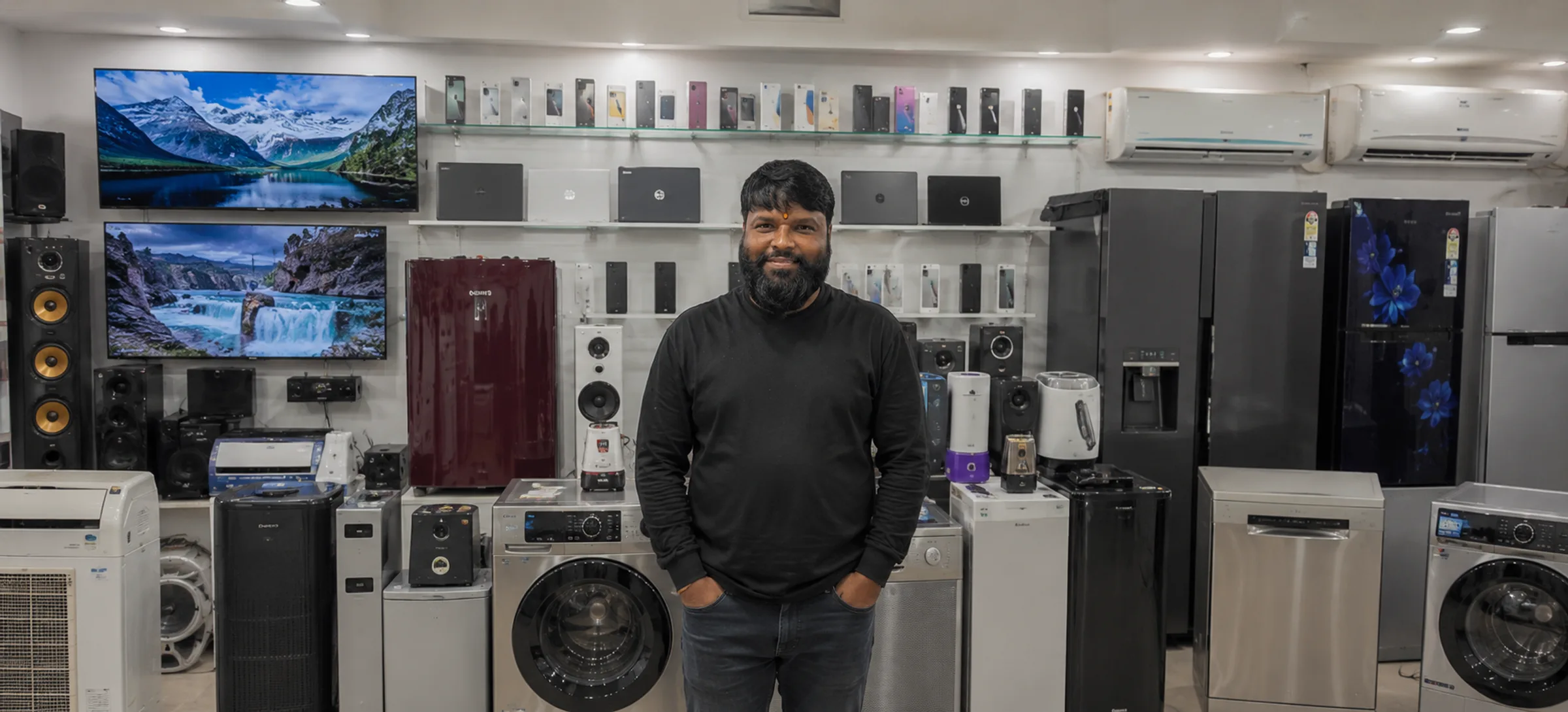 Bablu Prasad at the Roshni Electronics counter, with TVs, ACs, refrigerators and washing machines on display behind him
