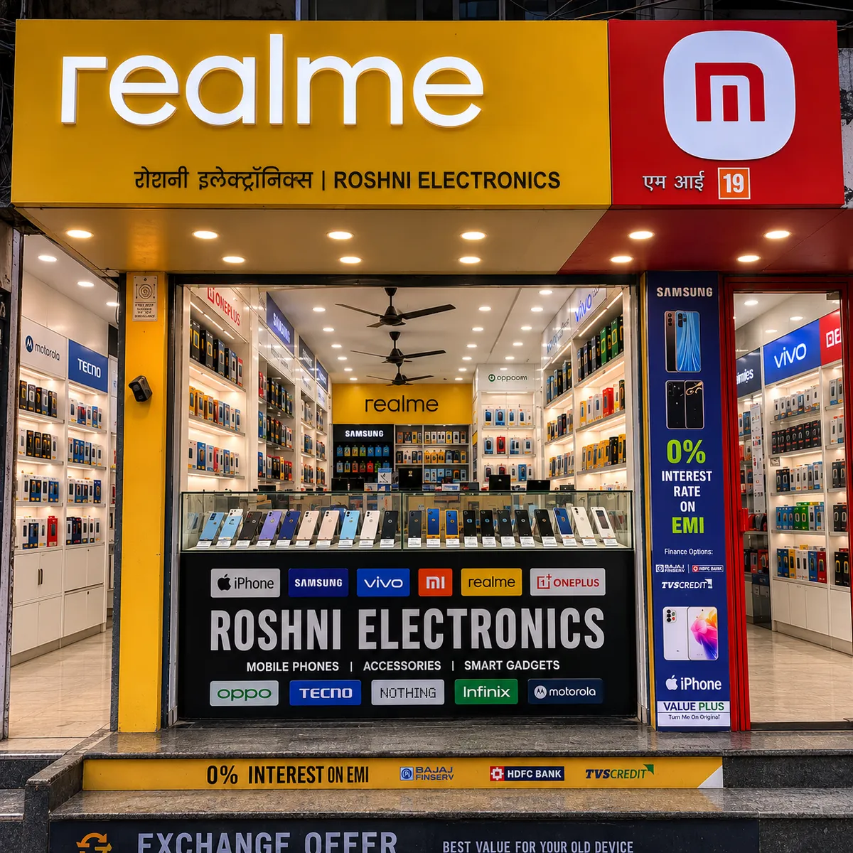 Roshni Electronics storefront, showing the mobile phone counter and shop signage